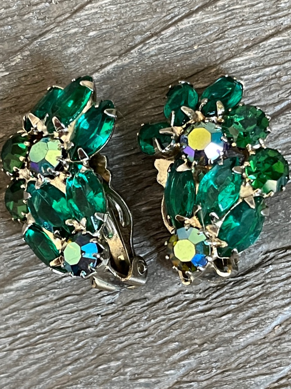 Weiss Vintage Emerald Green AB Crystal Cluster Clip-On Earrings